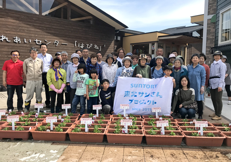 岩手県山田町ふれあいセンター はぴねで「サフィニア」花苗を植えました。